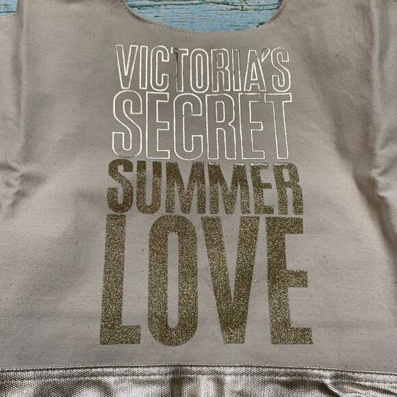 Victoria's Secret Bag Womens Large Beige Gold Summer Tote Beach Travel Sparkle - Picture 2 of 3